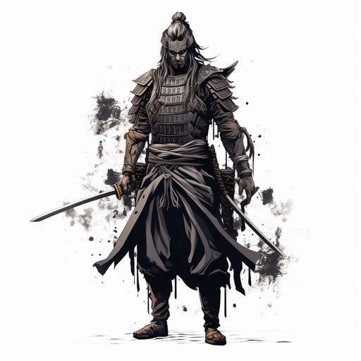 Detailed white line drawing of samurai in dark gray style