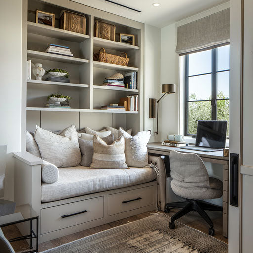 Versatile home office with fold-out sofa and compact desk