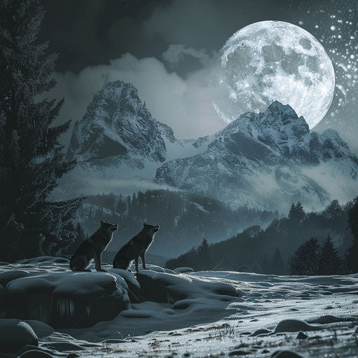 Wolves howling at full moon in snowy landscape