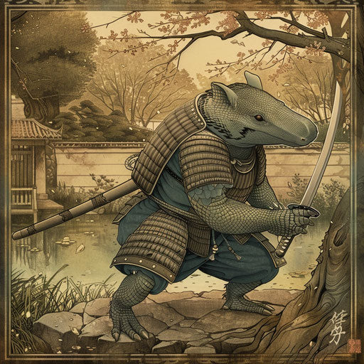 A samurai armadillo in a serene Japanese garden