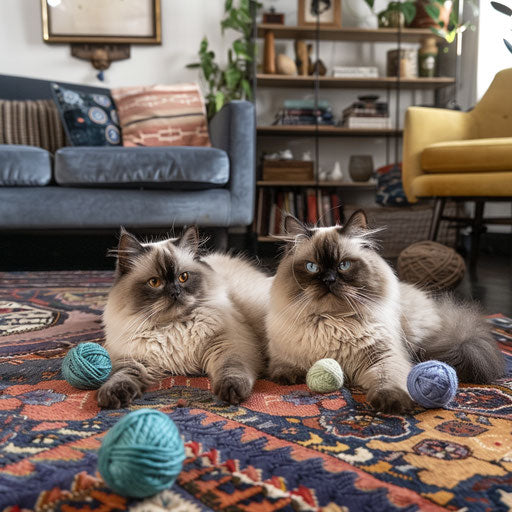 Two Himalayan cats playing with yarn balls in a cozy living room