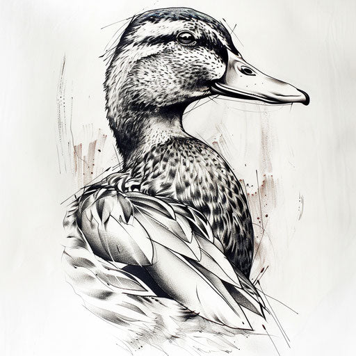 Duck portrait tattoo with detailed shading on white