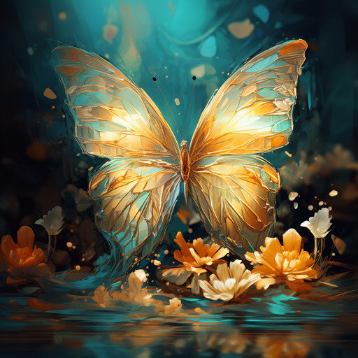 Butterfly on a flower, dreamy symbolism style, cyan and amber