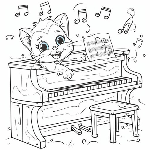 Cat playing piano with musical notes
