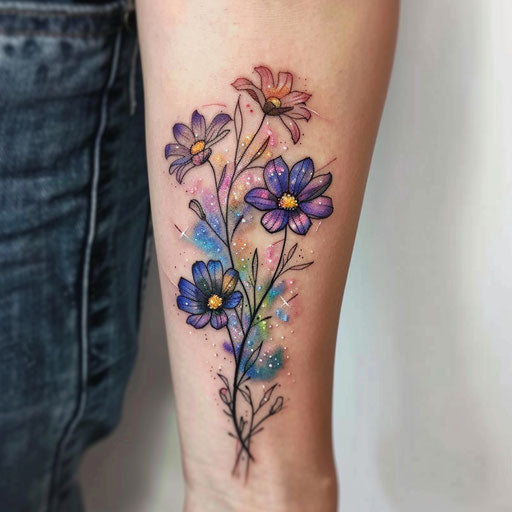 Wildflower tattoo with galaxy and cosmic colors