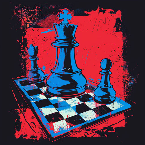 Dynamic sketch of a chessboard in game, vivid blue and red