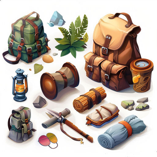 Realistic adventure clipart on flat white background, high contrast and soft shadows