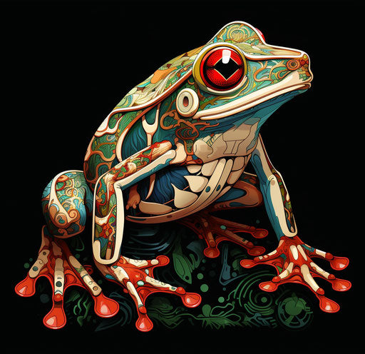 White tree frog in bronze and red on black background