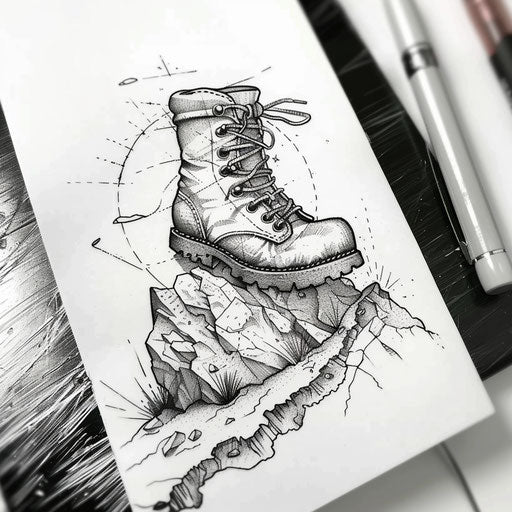 Bold tattoo sketch of a rugged boot stepping onto an uncharted path