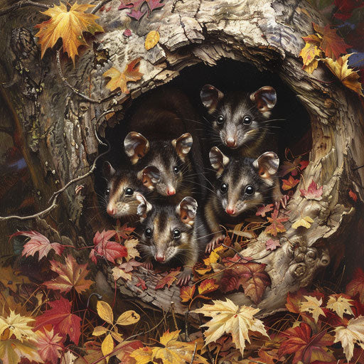 White-tail possum family in hollow log