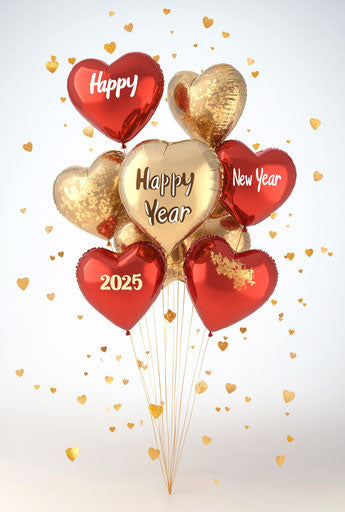 Golden and red heart-shaped balloons with 'Happy New Year' text