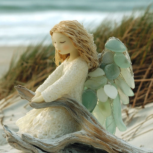Angel ornament crafted from sea glass and driftwood