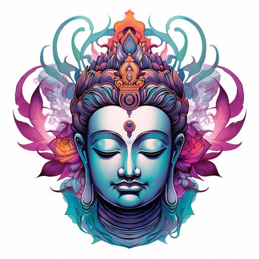 Buddha head tattoo, digitally enhanced style, light purple