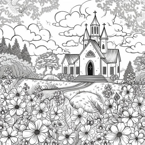Church surrounded by spring flowers: whimsical scene
