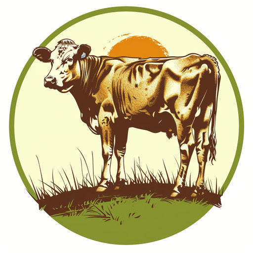 Farm logo with a stylized cow and a grassy field