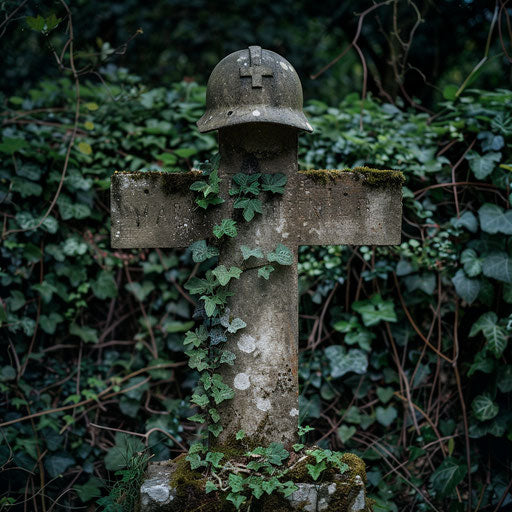 Sailor grave marked by a cross with a helmet on the cross