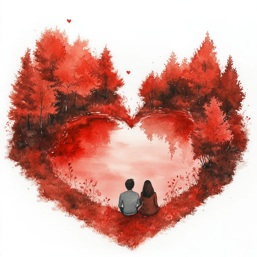 Heart-shaped lake with two people on the shore