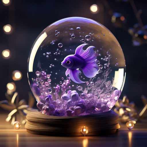 Purple heart shaped aquarium with fish and bubbles