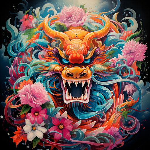 Chinese dragon and lotus flower poster, graffiti animal style, vibrant neo-traditional, subdued serenity, colorful, color art