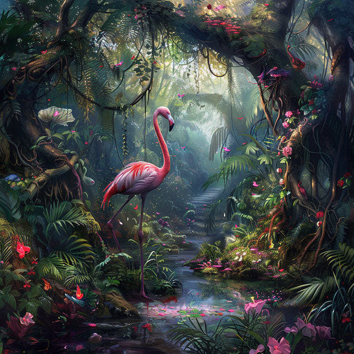 Flamingo in a fantasy forest with mythical creatures