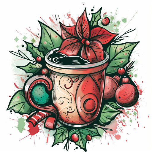 Festive tattoo sketch of a coffee cup with holiday decorations, flat style in reds and greens