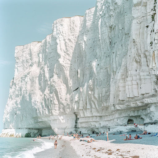 White Cliffs of Dover with a festive beach scene below