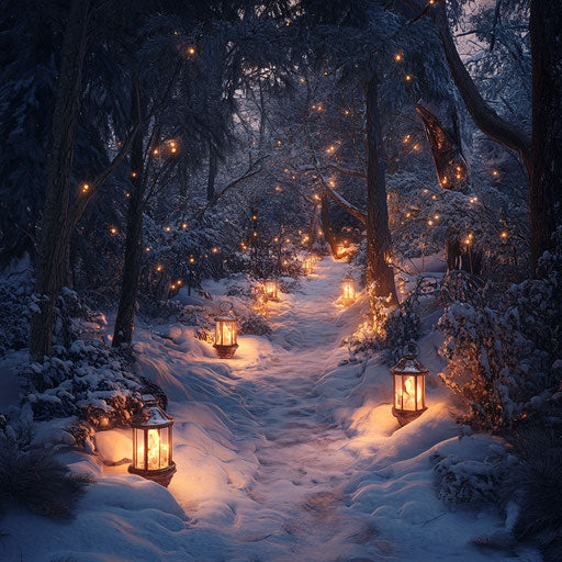 Snowy forest pathway illuminated leading to hidden glade with ice sculpture exhibit