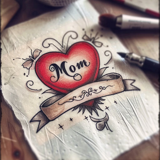 Traditional heart and banner tattoo design, saying 'Mom'