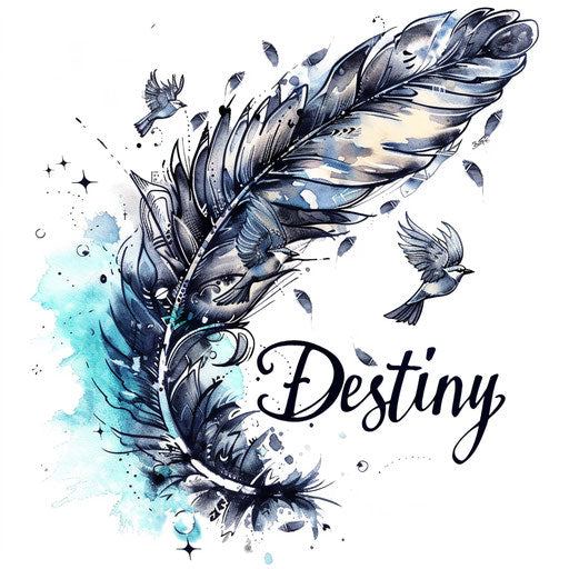 Feather becoming birds - Destiny in flowing script