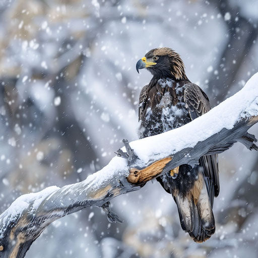 Majestic eagle on snowy branch, visible breath in cold air