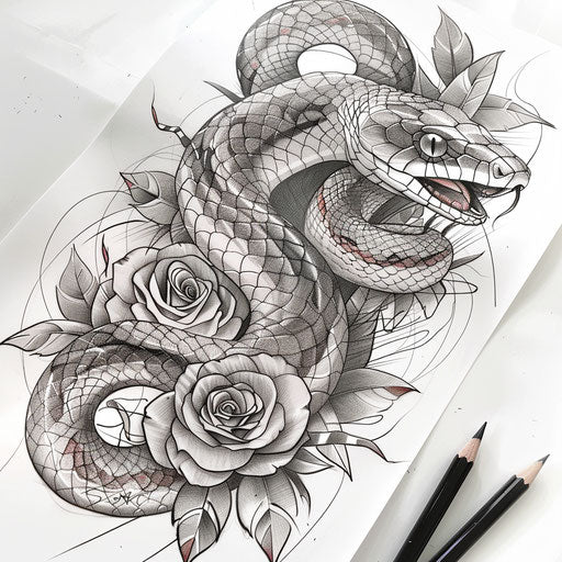 Tattoo sketch of a Chicano art snake and roses, dynamic and detailed