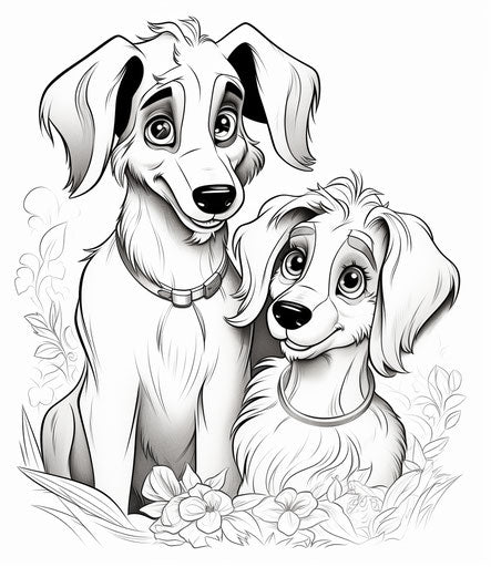 Coloring page of Lady and the Tramp, black and white drawing