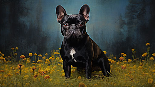 Black French bulldog in grass with yellow flower
