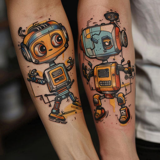 Brother and sister tattoos of a robot, Humberto Ramos style