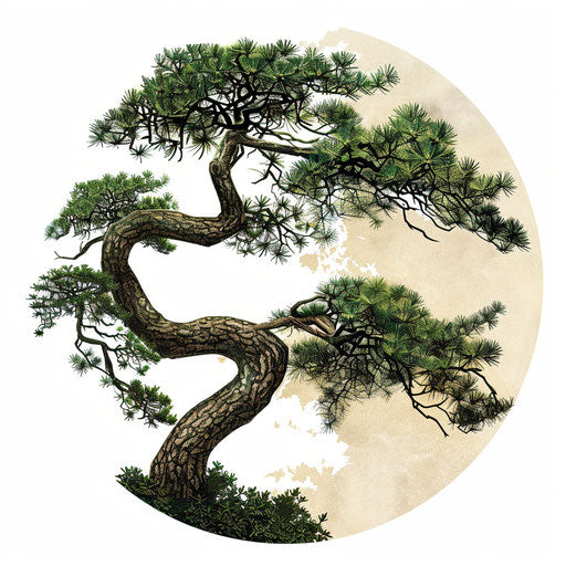 Japanese pine tree tattoo, green and brown on white background