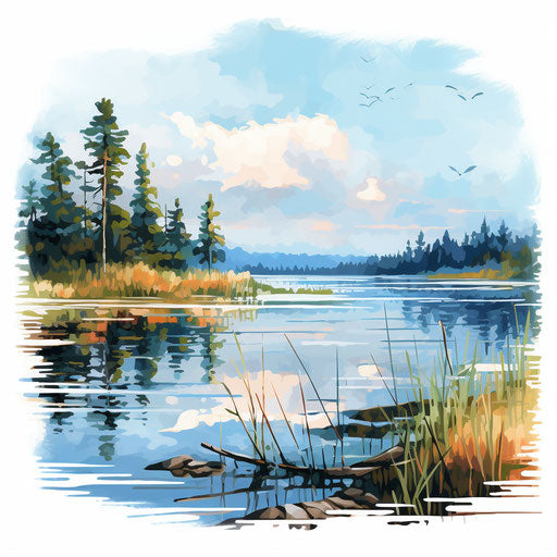 Lake artwork in the style of Oil painting, on a white background