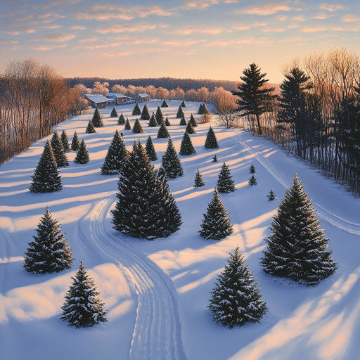 Christmas tree farm in winter at dusk