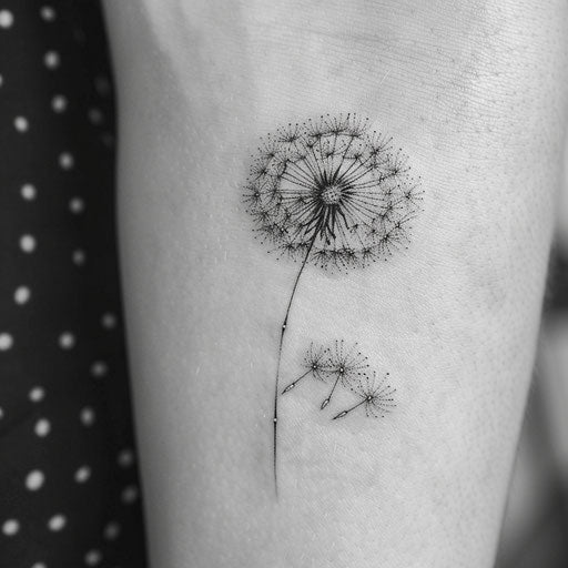 Dandelion tattoo in pointillism technique on white canvas