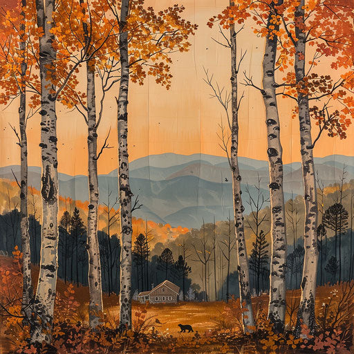 Birch trees in fall Appalachians, cabin at dawn, bear scratching tree