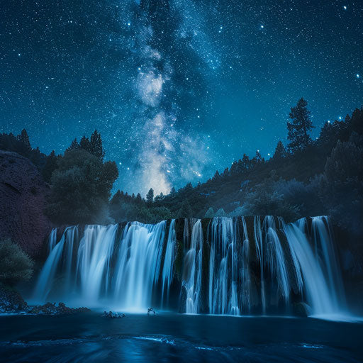 Burney Falls, California, night sky, Erez Marom style