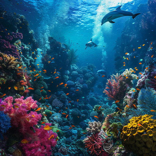 Vibrant coral garden with dolphins playing hide and seek