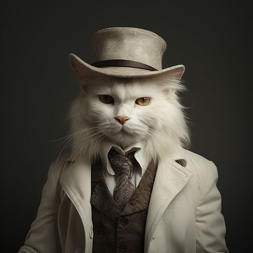 White cat dressed as man