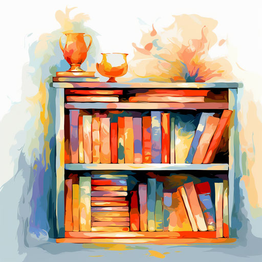 Bookshelf clipart in Impressionistic Art style, white background