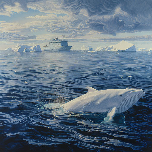 Beluga in the ocean with icebreaker ship in the distance