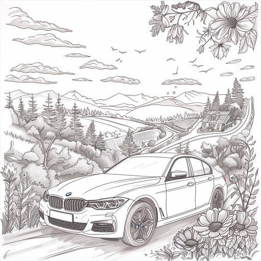 BMW car playing with countryside elements in the style of a Teagan White coloring book page