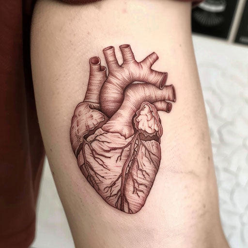 Anatomical heart tattoo with realistic details in subtle red on white