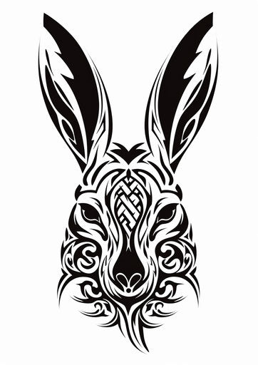Tribal drawing of hare head in black and white celtic style