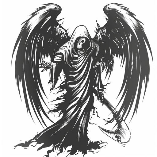 Angel of Death with scythe, clipart style in black and white