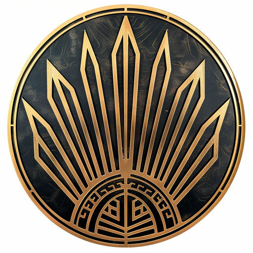 Art deco round logo with angular designs on black and gold