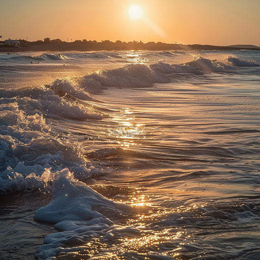 Nissi Beach, Cyprus at sunset with serene waves and golden light